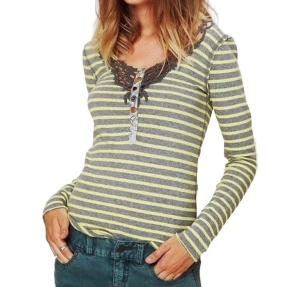 Free People Yellow/Gray Striped Call Back Henley Top I Size: S - Picture 1 of 12
